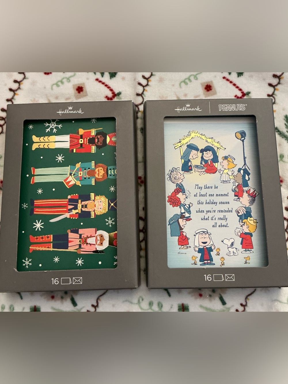 Hallmark Holiday Card Packs — Green & Light Blue Peanuts and Nutcracker Design